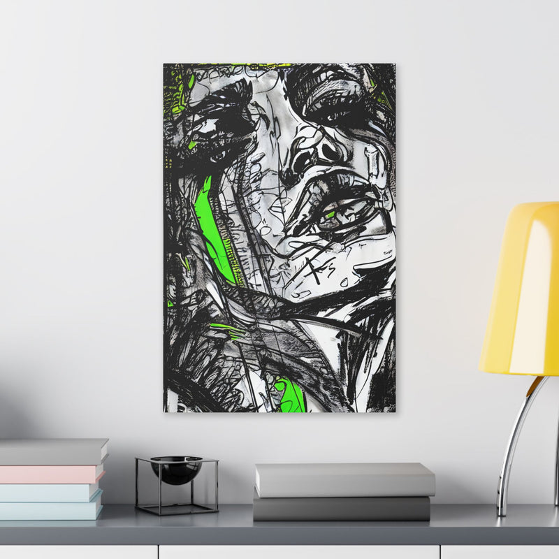 Abstract Face Art Print Neon Green - Stretched Canvas - Abstract Portrait Print - Abstract Face Wall Art - Sketch Art Print