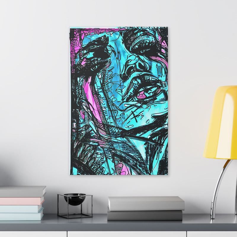 Abstract Face Art Print Neon Blue - Stretched Canvas - Abstract Portrait Print - Abstract Face Wall Art - Sketch Art Print