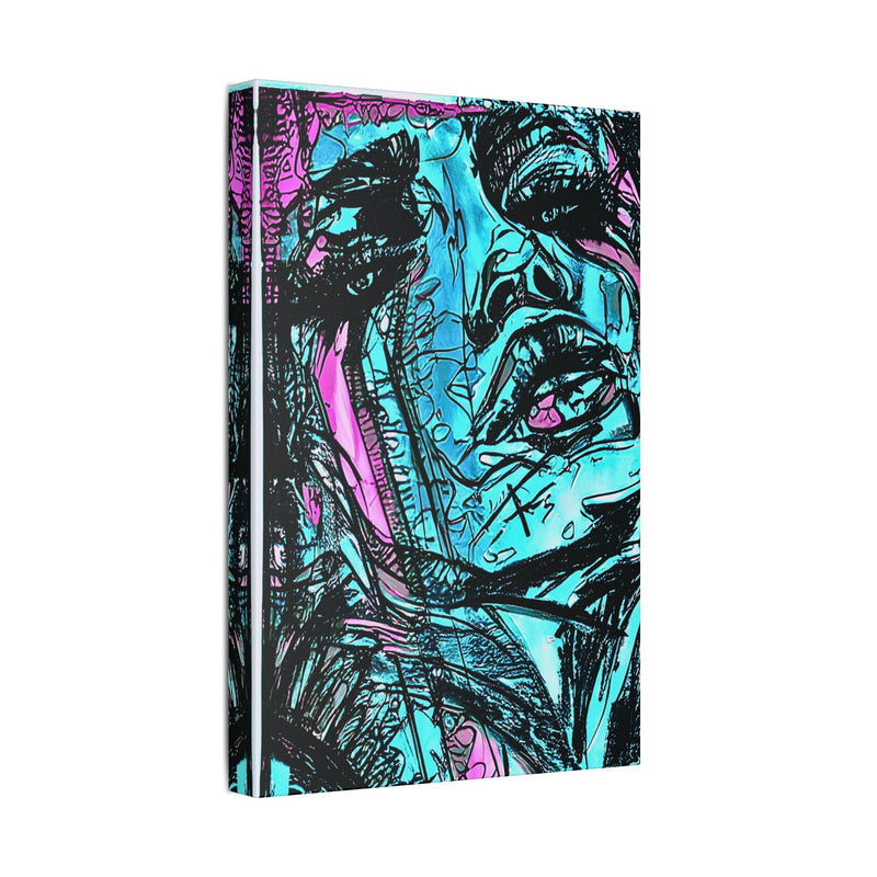 Abstract Face Art Print Neon Blue - Stretched Canvas - Abstract Portrait Print - Abstract Face Wall Art - Sketch Art Print