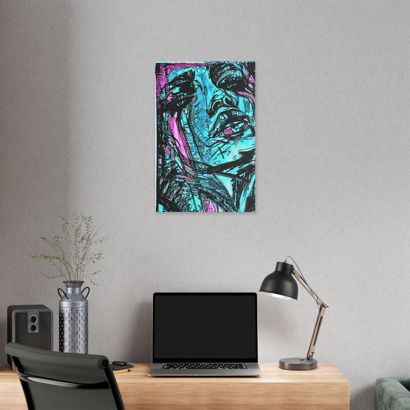 Abstract Face Art Print Neon Blue - Stretched Canvas - Abstract Portrait Print - Abstract Face Wall Art - Sketch Art Print