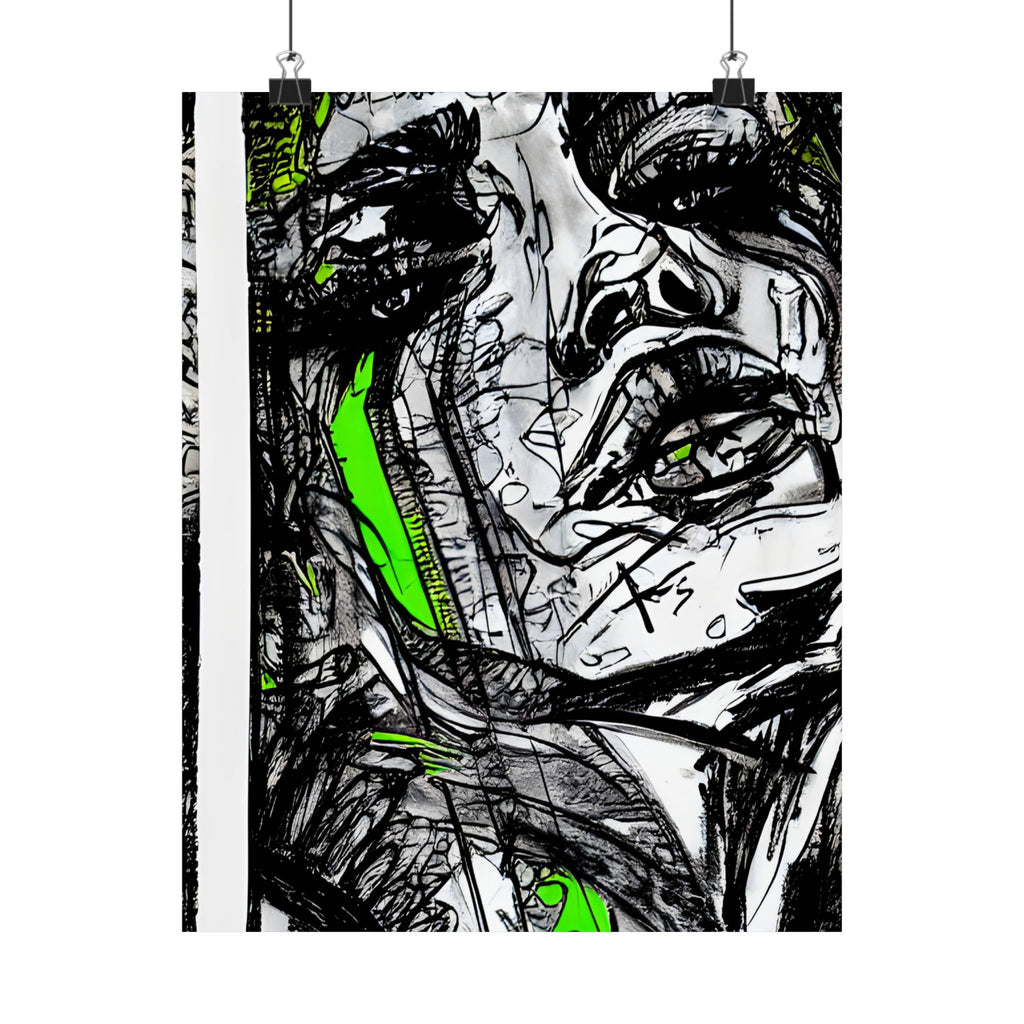Neon Green Abstract Face Art Print - Abstract Portrait Print - Abstract Face Wall Art - Sketch Art Print - Matte Vertical Posters