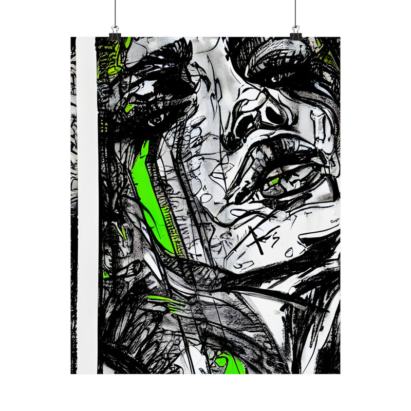 Neon Green Abstract Face Art Print - Abstract Portrait Print - Abstract Face Wall Art - Sketch Art Print - Matte Vertical Posters