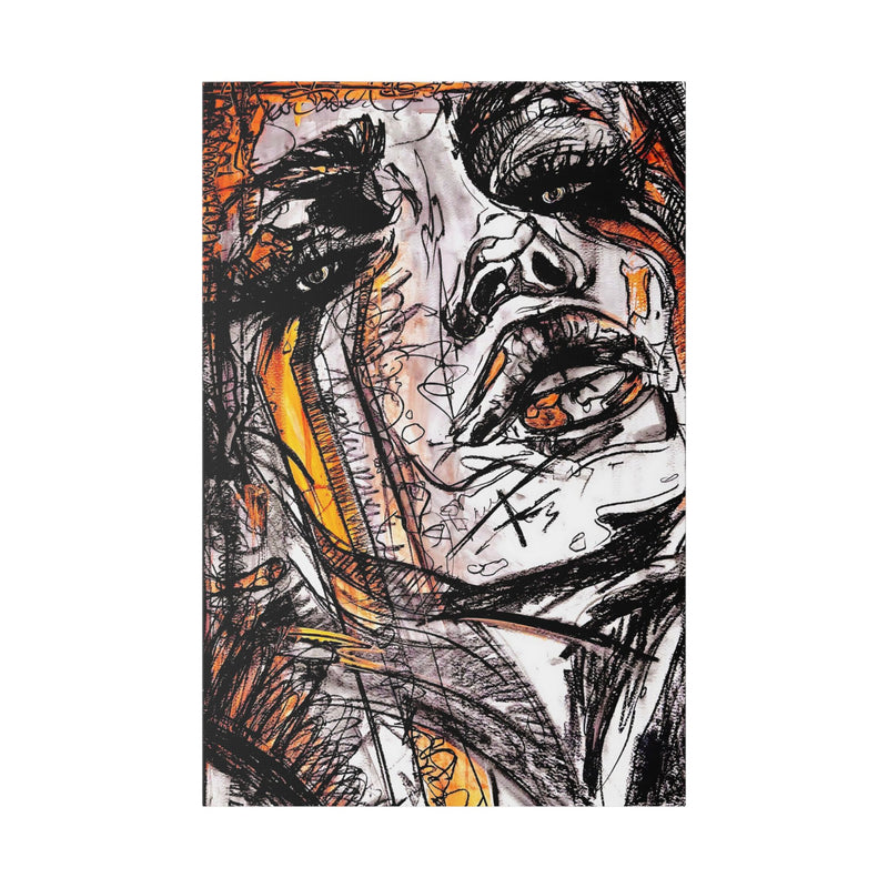 Abstract Face Art Print Neon Orange  - Stretched Canvas - Abstract Portrait Print - Abstract Face Wall Art - Sketch Art Print