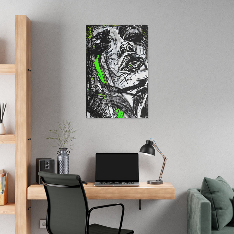 Abstract Face Art Print Neon Green - Stretched Canvas - Abstract Portrait Print - Abstract Face Wall Art - Sketch Art Print