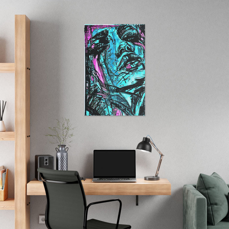 Abstract Face Art Print Neon Blue - Stretched Canvas - Abstract Portrait Print - Abstract Face Wall Art - Sketch Art Print