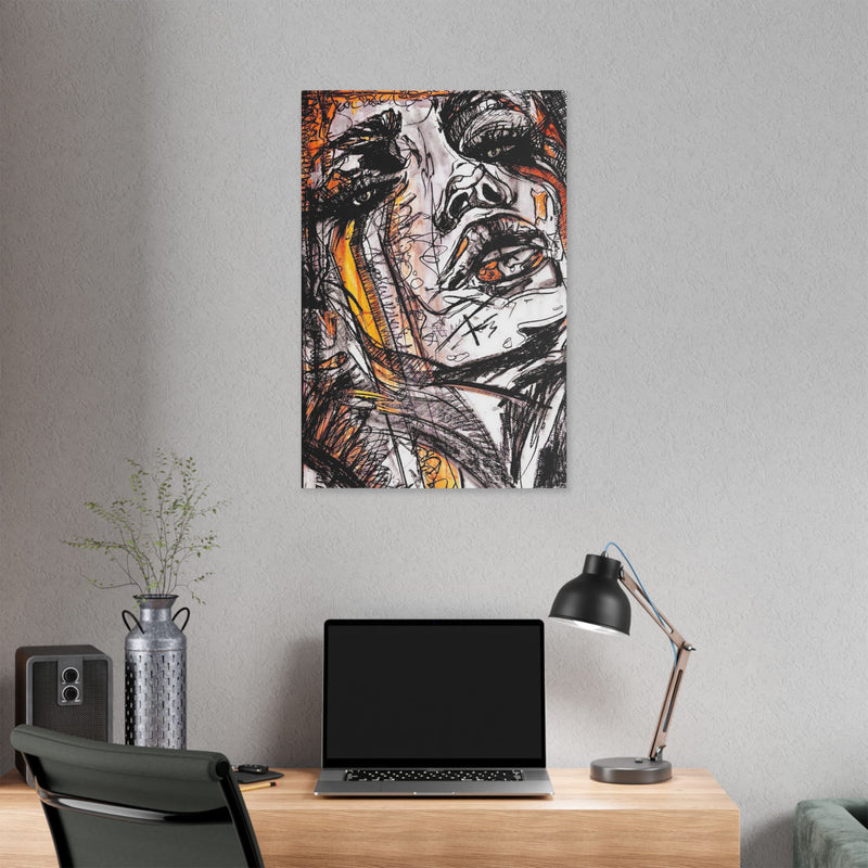 Abstract Face Art Print Neon Orange  - Stretched Canvas - Abstract Portrait Print - Abstract Face Wall Art - Sketch Art Print