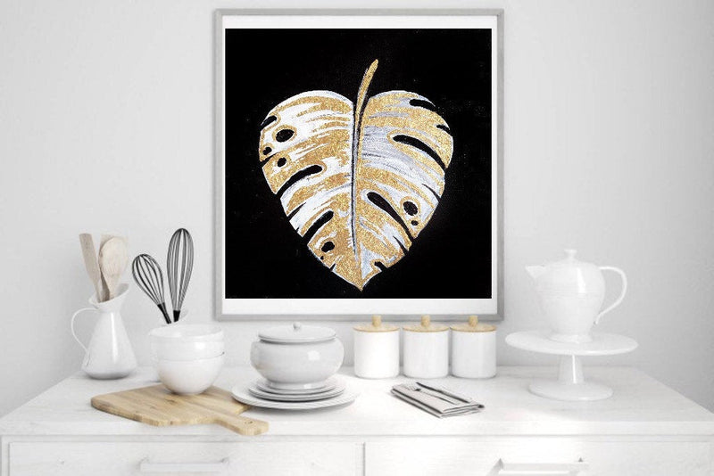 Gold Monstera Leaf Painting 8x8"